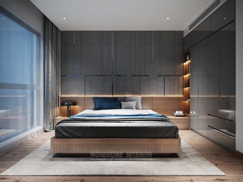 Mẫu giường ngủ chung cư hiện đại, chất liệu gỗ công nghiệp nhẹ nhàng, tab đầu giường liền kề giúp cho quá trình sinh hoạt và nghỉ ngơi thoải mái, tiện nghi hơn